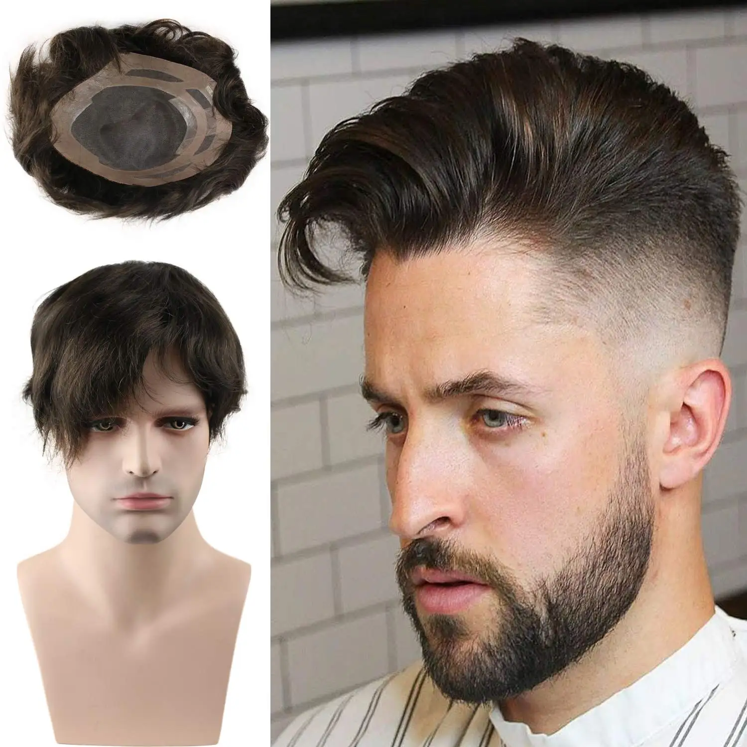 

Swiss Mono Lace with Soft Thin Skin Toupee For Men With 10"X8" European Virgin Human Hair Men's Wigs #4 Medium Brown Color Esee