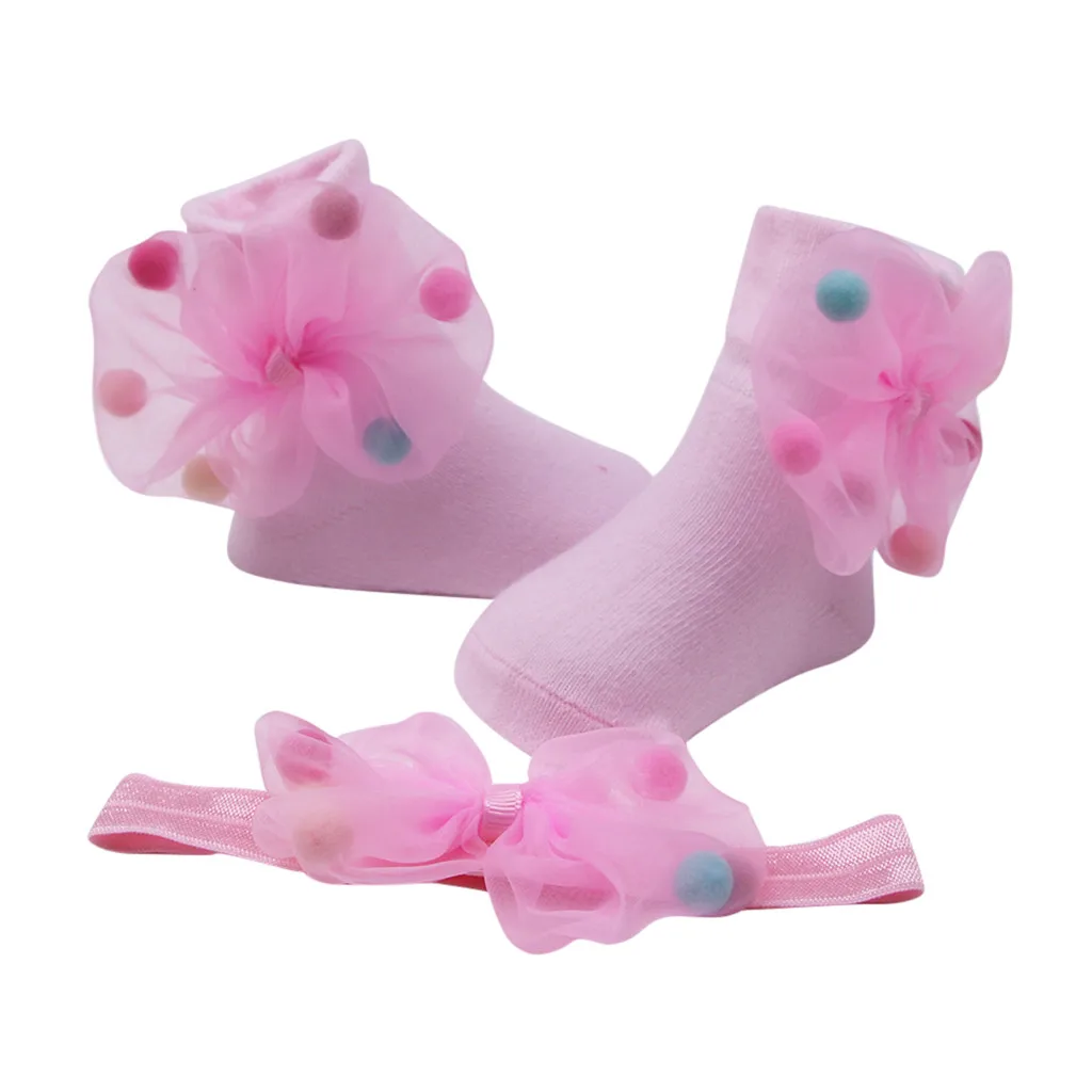 Носки для маленьких детей+ 1 шт., пояс для волос, нескользящие носки с бантом для маленьких девочек, От 0 до 2 лет одежда для малышей аксессуары, meia infanti
