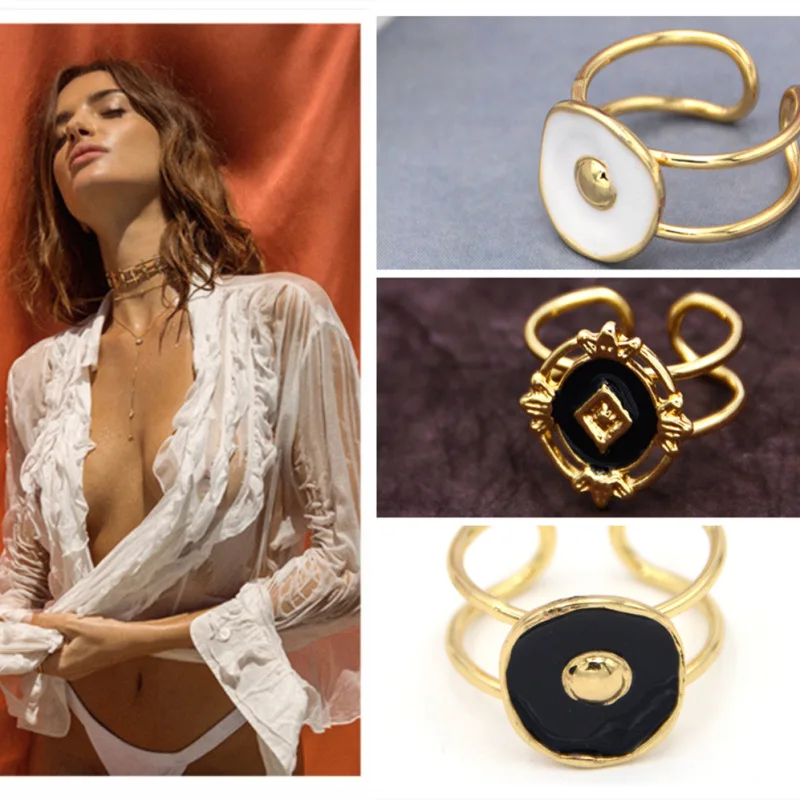 

New Trendy Enamel Retro Geometry Rings for Women Fashion Autumn Winter Open Double Layer Ring White Black Ring Jewelry Bijoux