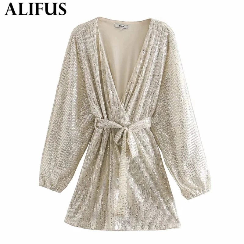 

Fashion Za Women's dress 2020 Stylish Sequined Shinny Chic Deep V neck Bat Sleeve Sashes Party Mini Dresses Ladies Vestidos
