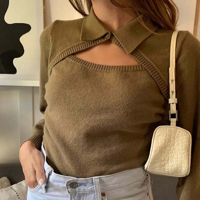 

Autumn / Winter Women's Fake Two-piece Knitting Tops Long-sleeved Square-neck Hollow Solid Color Pullovers 2020 Lady Street Wear
