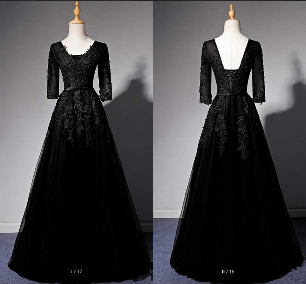 Robe de soiree черное ТРАПЕЦИЕВИДНОЕ кружевное платье с аппликацией для выпускного бала, расшитое бисером с рукавом 3/4, корсет с v-образным вырезом, платья для выпускного бала