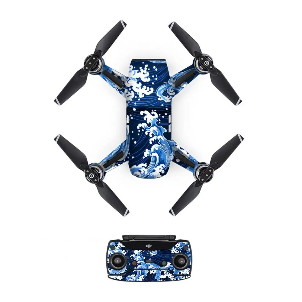Sea Wave Style Decal PVC Skin Sticker For DJI Spark Drone + Remote Controllers + 3 Batteries Protection Film Cover