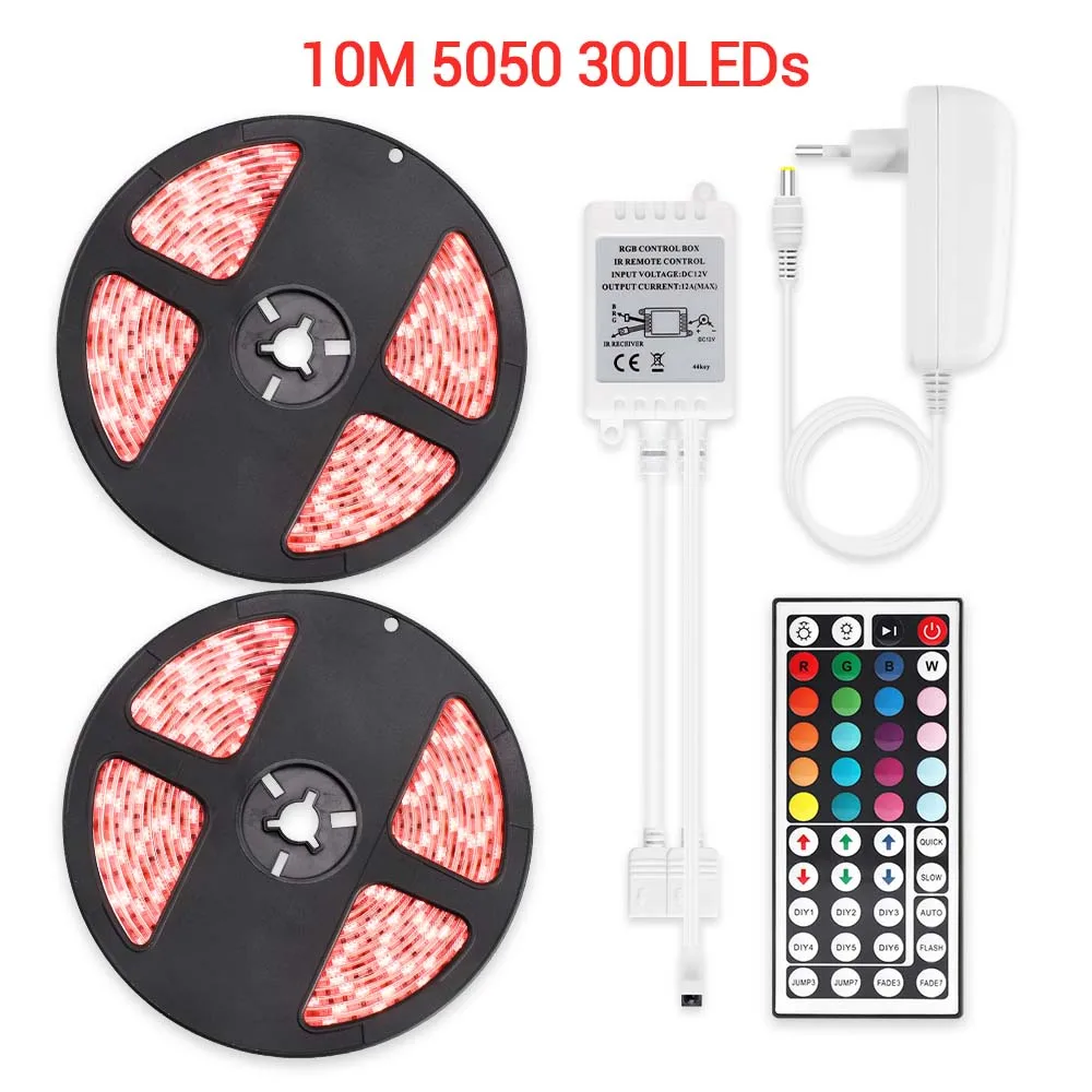 10 метровый светодиодный светильник 2835 5050 SMD RGB Светодиодная лента гибкая лента Водонепроницаемый ИК пульт дистанционного управления 44 клавиши DC12V адаптер питания - Испускаемый цвет: 10M 5050 300LEDs
