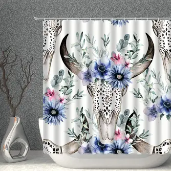 

Bull Skull Shower Curtain Watercolor Bull's Head with Floral Leaves Green Blue Decor Fabric Polyester Bathroom Curtains with