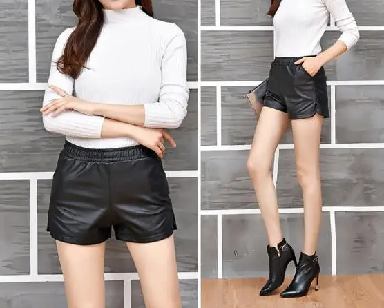 Black shorts female autumn and winter new pu high waist Korean elastic waist slim fit large size wearing wide leg leather
