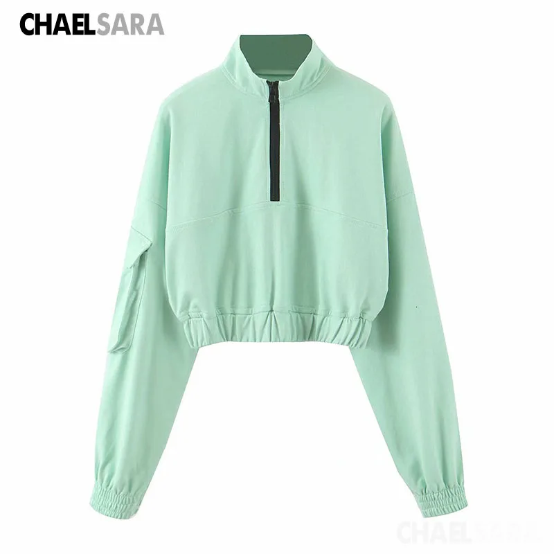 

Spring Autumn Women Short Sweatshirts Solid Long Sleeve Stand Neck Ladies Top Moletom Sudaderas