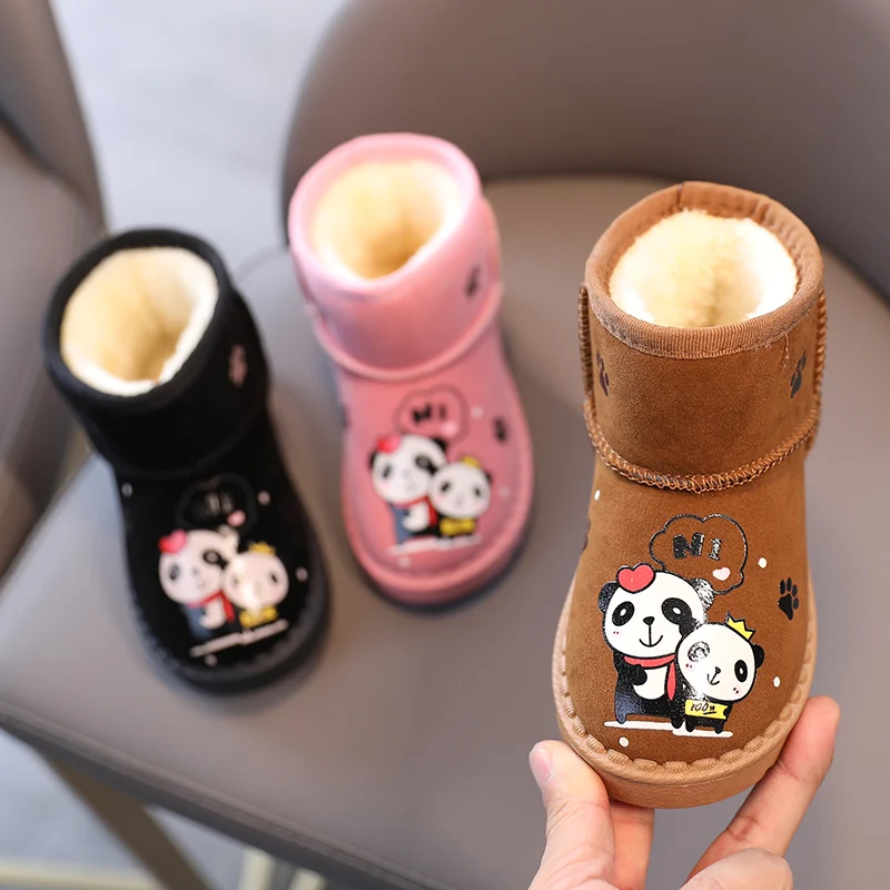 

Children snow boots warm plush kids winter shoes carton for girls and boys ourwear pink black brown size 26-35 3-6 years old