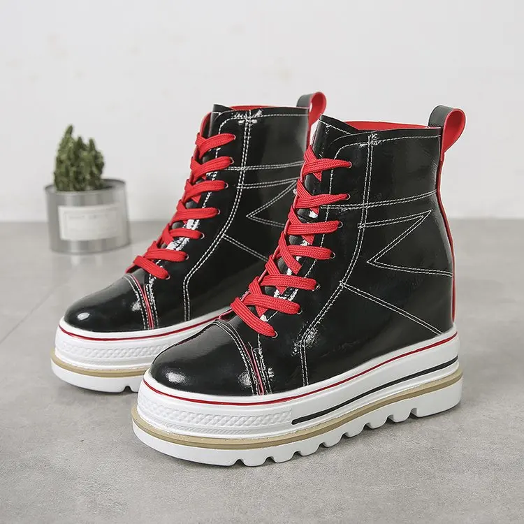 

Hidden Heel Patent Leather High Top Wedge Platform Sneakers Women 2019 Fashion Height Increasing Non-slip Vulcanized Shoes