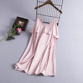 

Pink Solid Ruffles Satin Nightgown Spaghetti Strap Nightdress Women Bathrobe Intimate Lingerie Sexy Sleepwear Silky Homewear