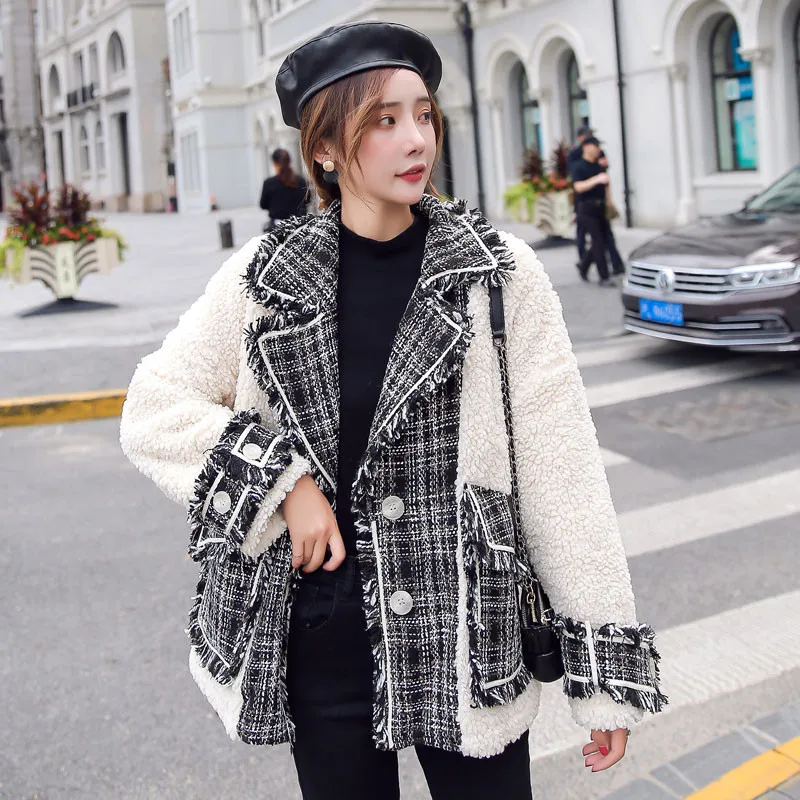 

Autumn Winter Lamb Wool Coat Women Jacket 2019 New Loose Thick Stitching Plaid Outerwear Fashion Female Short Woolen Coat JIU168