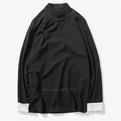 Hauts chinois rétro pour hommes, costume Tang traditionnel en coton et lin, col Mandarin, chemise à boucle Oblique solide, manteau Hanfu à manches longues 