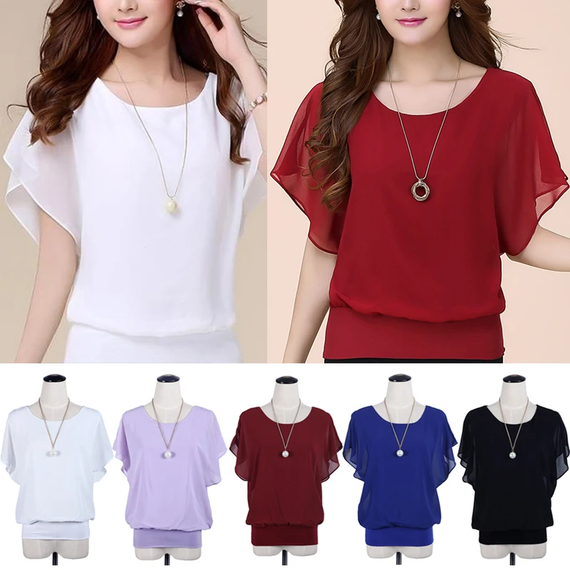 Casual Women Chiffon Blouse Female Solid Short Sleeve Ruffle Batwing Short Shirt Summer Beach Plus Size