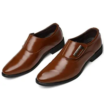 

38~48 Pointed Toe Men Dress Shoes Leather Loafers Metallic Buckle Slip On British Business Flat Loafer Brown Formal Wedding Shoe