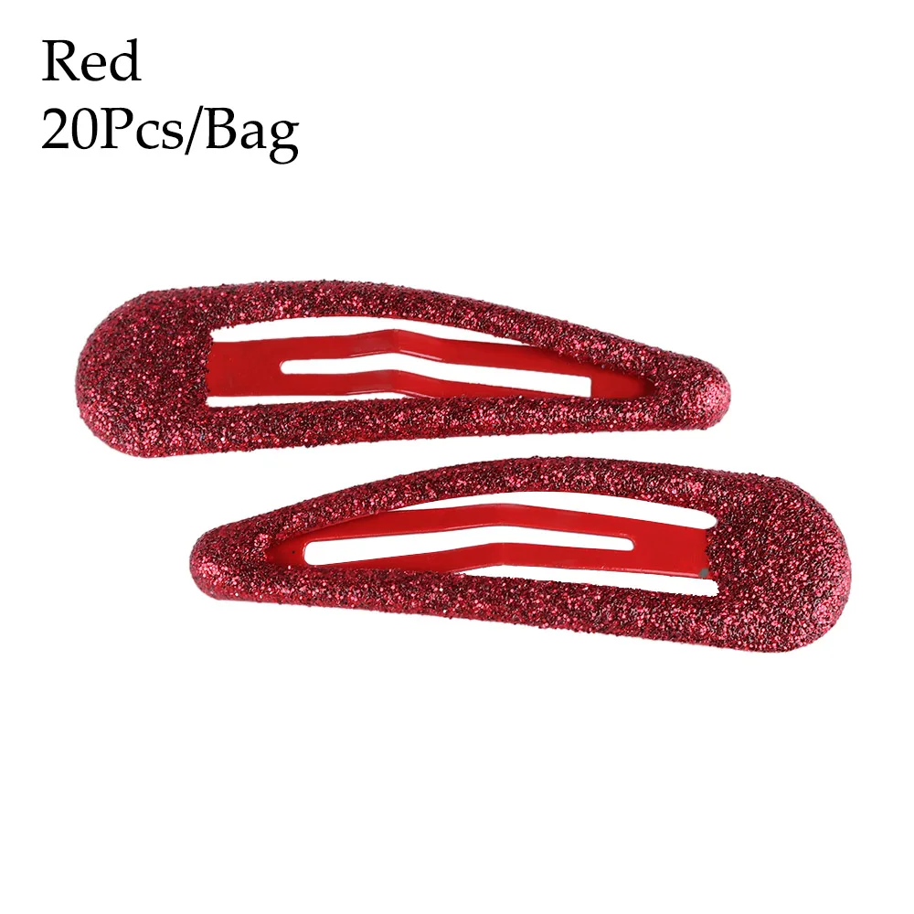 20Pcs/Bag 5cm Color Glitter Hairpins Snap Hair Clip Pins Baby Children Girls Headwear Cute Metal Hair Accessories Styling Tools - Color: Red
