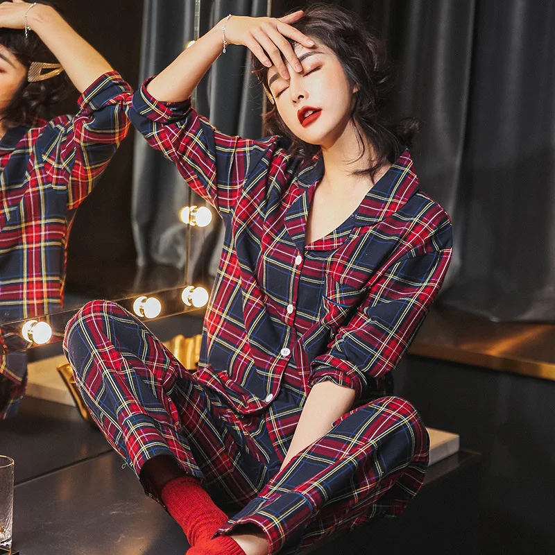 

2019 New Style Pajamas Cotton Long Sleeve Korean-style Cardigan Plaid Thin Pure Cotton Tracksuit Two-Piece Set Autumn