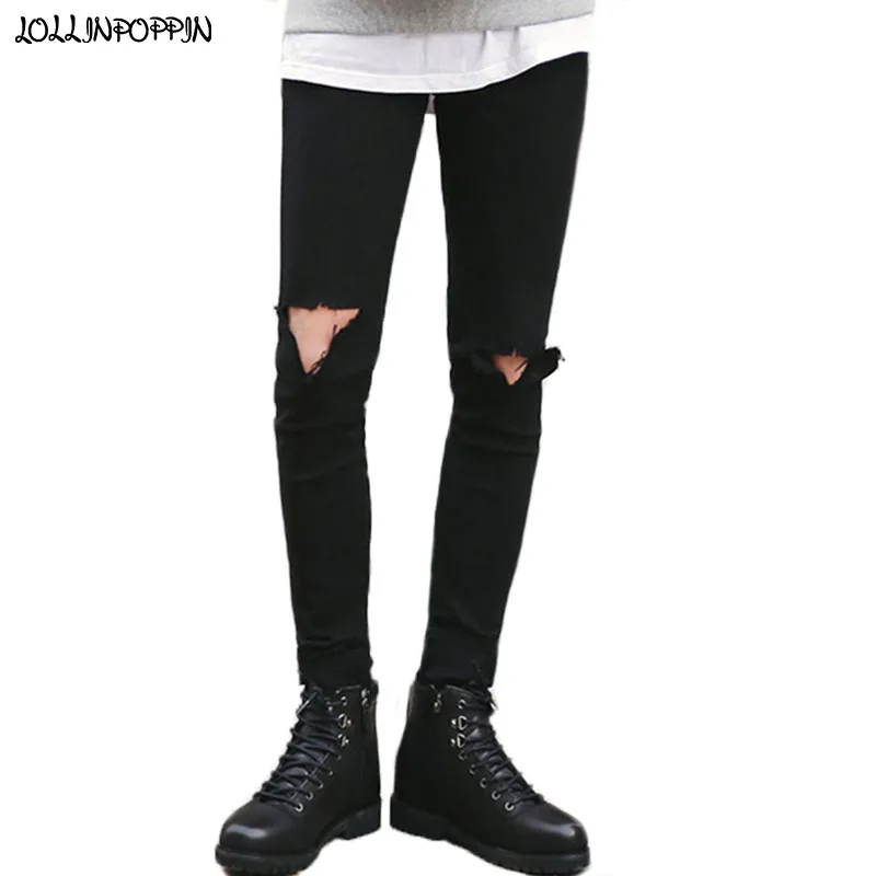 

Knee Broken Mens Black Skinny Jeans Korean Fashion Slim Fit Men Elastic Denim Pants With Holes