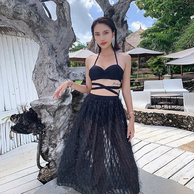 

Bathing Suit Women's 2019 New Style Korean-style-Fresh Camisole Bandage Cloth lu du Triangular Long Skirts Two-piece Swimsuits T