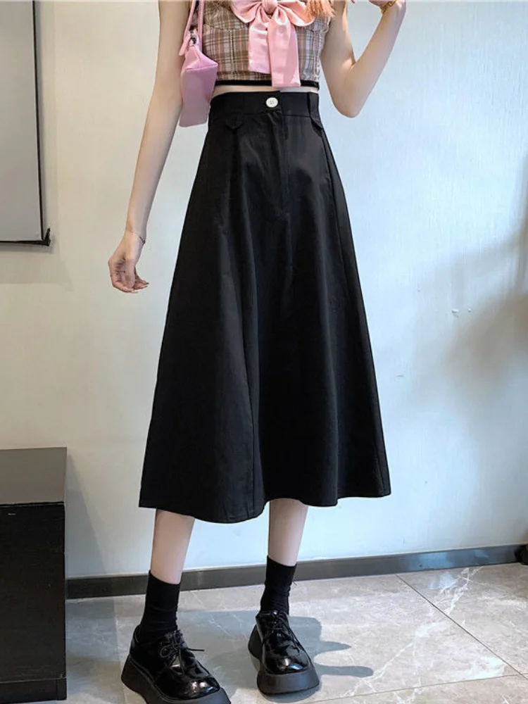 Korean Elegant Skirt for Women Summer Casual A-Line Kawaii Midi Skirt Female Designer Solid High Waist Fit Chic Sweet Skirt 2021 black midi skirt