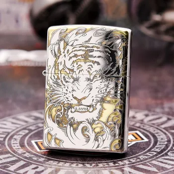 

100% Original Brand New ZP Lighter brass Chrome plated carving Tiger Claw oil Lighter with logo box gift for men