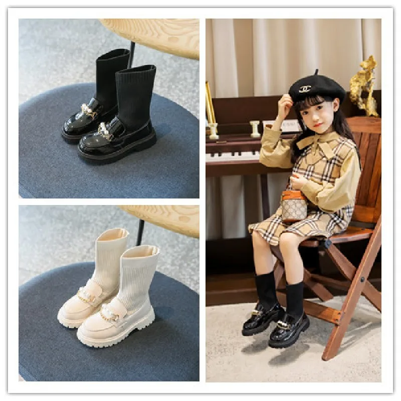 

New Girls Boots 2021 Autumn Winter Children Fashion Elegant Pu Leather Metal Pearl Decoration Rubber Baby Shoes Kids Girl Bootie