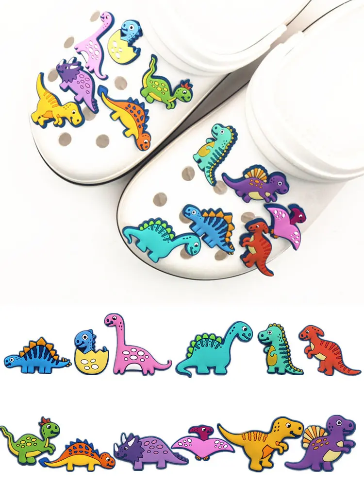 Kinear 12pcs Shoe Charms with 4pcs Shoe Lace Adapter Novelty Cute Dinosaurs Shoe Accessories Shoe Buckle Decoration for croc jibbitz Kids Party X-mas Gift