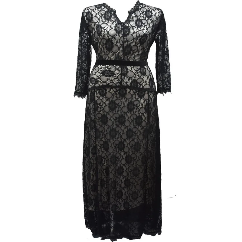 Женское платье макси платье Vadim vestido de festa vestidos mujer женский темперамент семь рукав v-образный вырез кружева жира мм звезда того же размера