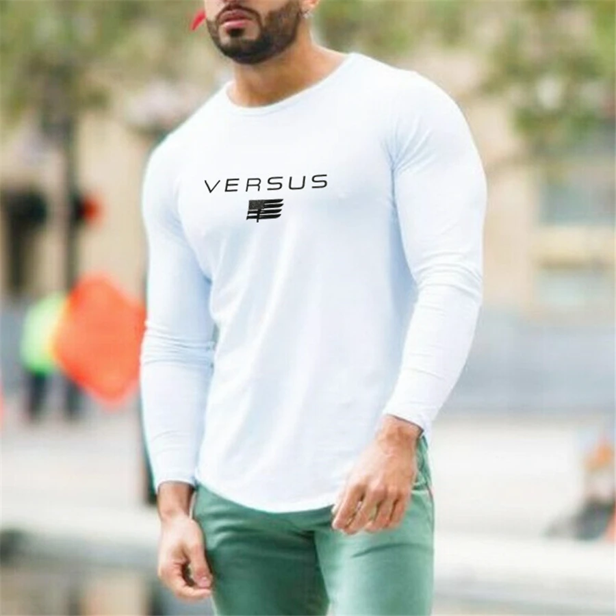 Gyms Tight Cotton Long sleeve T-shirt Mens Fashion printing T-shirt Homme Gyms T Shirt Men Fitness Summer Tees Tops