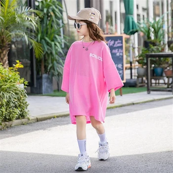 

Summer outfit new girl in the long style T-shirt Korean version of children's western style loose baby half sleeve shirt tide