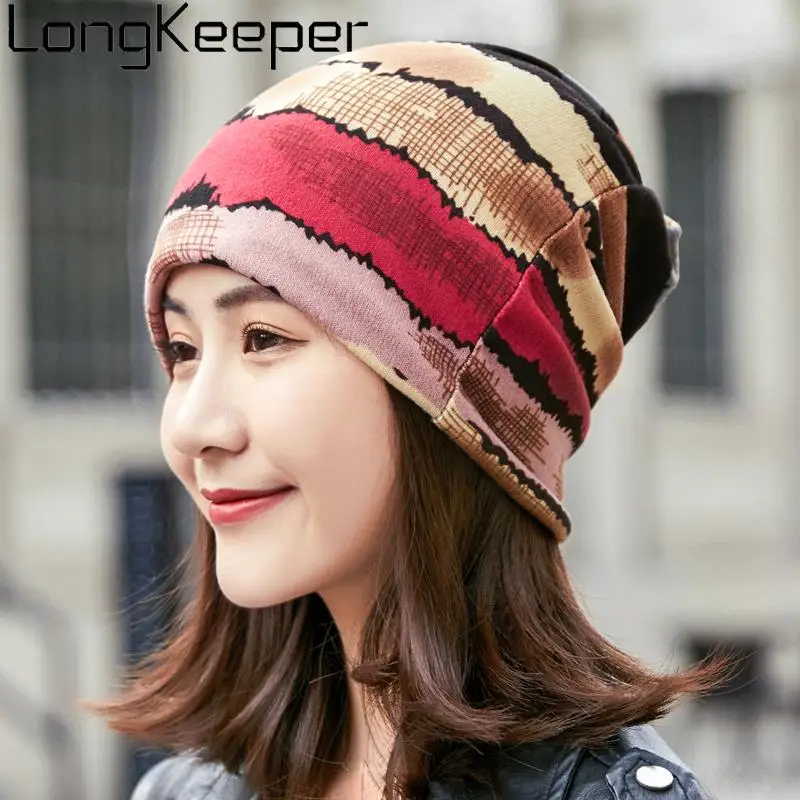 

LongKeeper Women's Cashmere Beanies Stripe Scarf Cap Spring Soft Slouchy Turban Headgear For Female Girls Skullies Gorros