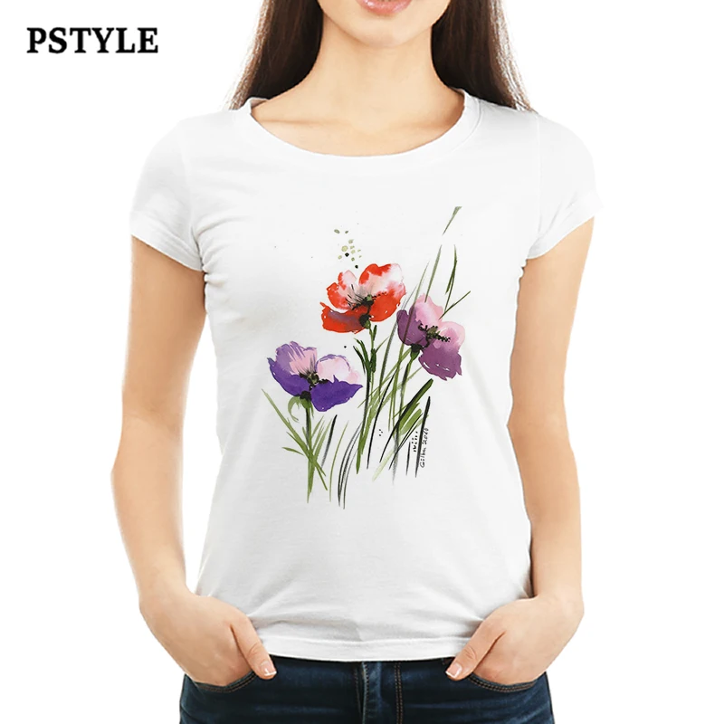 Женская одежда, летняя белая футболка для девушек, Акварельные маки, цветочный принт, графические футболки, корейские Топы Ulzzang