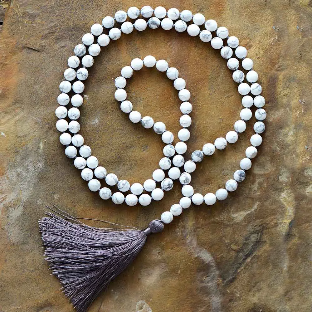 Women Mala 8MM Faceted Howlite Tassel Necklace Yoga 108 Beads Knotted Necklace Bohemia Meditation Necklace Dropship
