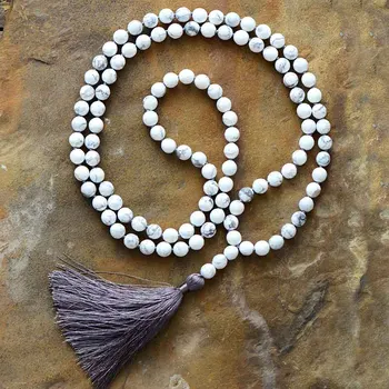 Women Mala 8MM Faceted Howlite Tassel Necklace Yoga 108 Beads Knotted Necklace Bohemia Meditation Necklace Dropship