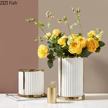 Позолоченная керамическая ваза Золотая текстура Цветочная композиция поддельный цветок оранжевая полоса вазы цветочный горшок американский деревенский домашний декор