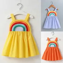Платье для девочек летняя одежда для маленьких девочек короткое Радужное платье на бретелях, сарафан От 1 до 5 лет