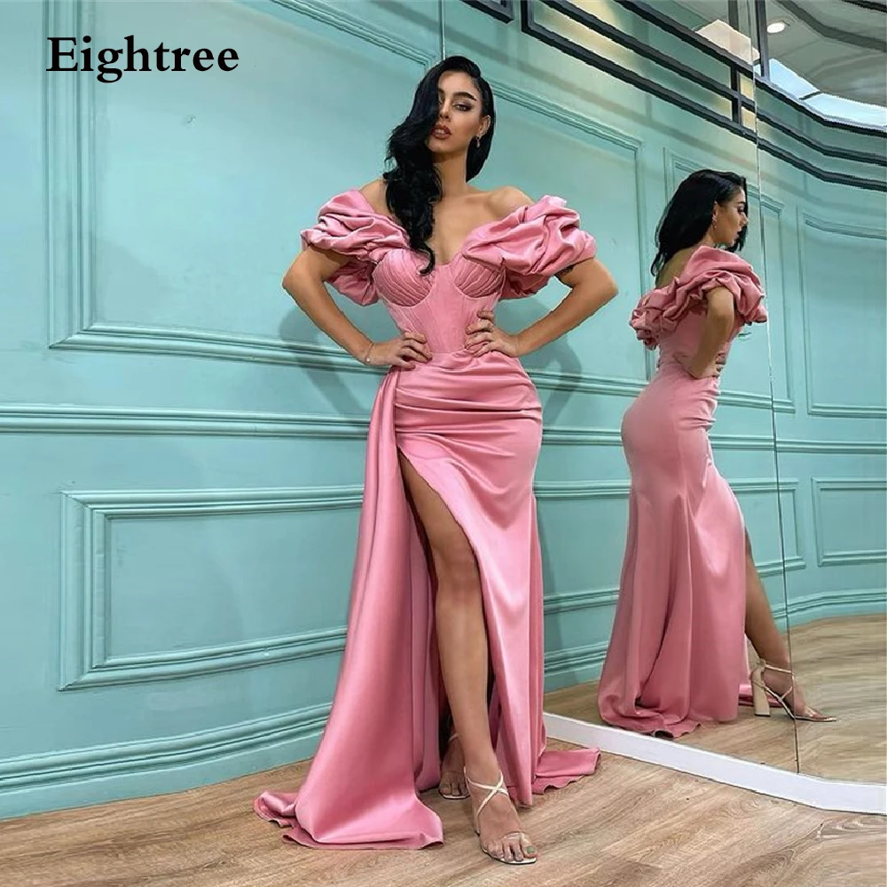 pink prom dress Hot Pink A Line High Side Slit Prom Night Dresses Off Shoulder Strapless Dubia Formal Party Evening Dress Prom Gowns Vestidos pink prom dress Prom Dresses