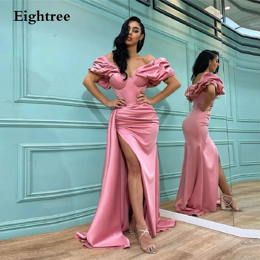 pink prom dress Hot Pink A Line High Side Slit Prom Night Dresses Off Shoulder Strapless Dubia Formal Party Evening Dress Prom Gowns Vestidos pink prom dress