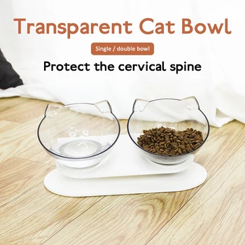 

Explosive Cat Double Bowl Cat Bowl Dog Bowl Transparent ABS Material Non-slip Food Bowl With Protection Cervical Transparent Cat