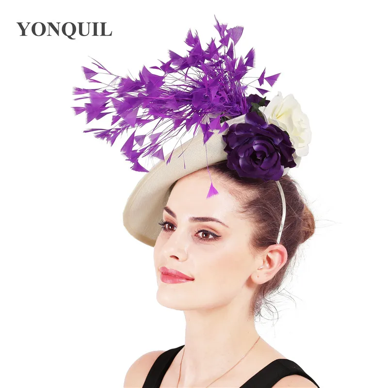 Слоновая кость большая шляпка-Вуалетка с фиолетовыми перьями millinery dinner kenducky дамы головной убор шапки женские аксессуары для волос с цветами