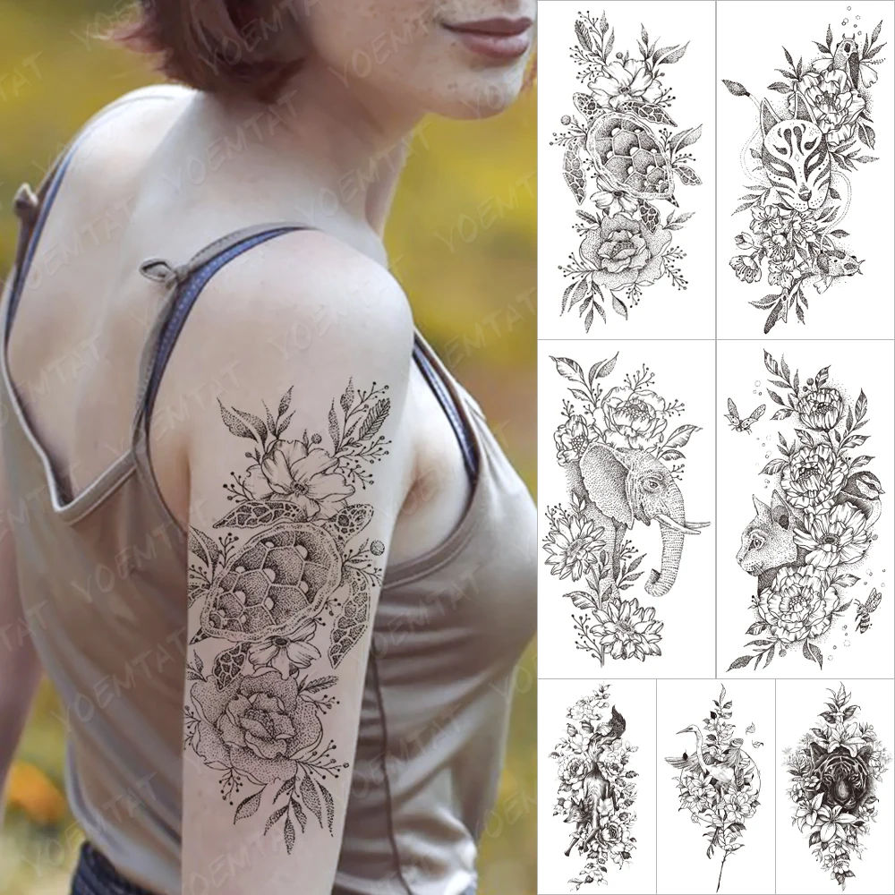 Tatouage Oiseau Et Fleur Bras Autocollant de tatouage temporaire imperméable, faux bras, renard, tortue,  oiseau, Flash, fleurs, éléphant, chat, ligne à pois, Art corporel, pour  femmes | AliExpress