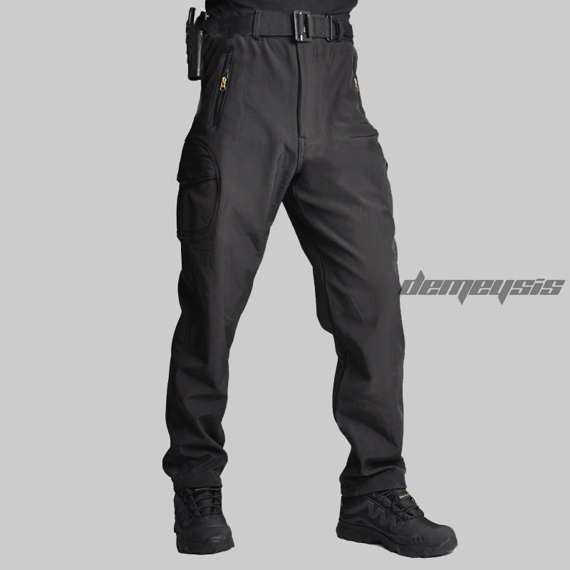 Софтшелл тактические брюки мужские уличная походная одежда брюки Военные Тактические Брюки камуфляжные охотничьи флисовые брюки - Цвет: BLACK