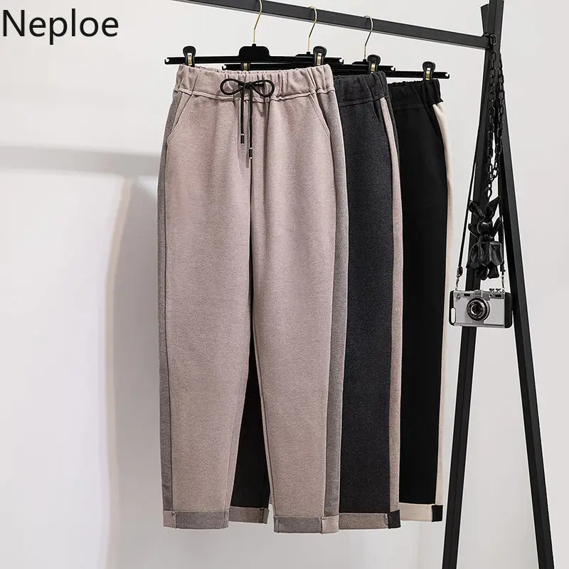Neploe размера плюс шаровары шерстяные брюки Новые корейские длинные брюки на шнуровке с высокой талией контрастные цвета Лоскутные элегантные брюки 55473