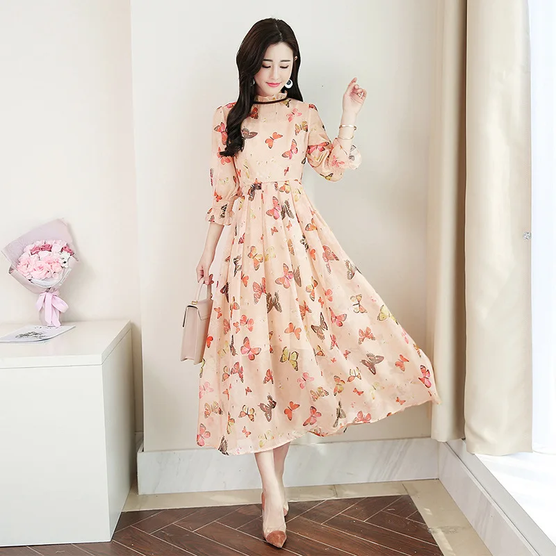 

2019 Spring And Summer New Style Elegant Slim Fit Waist Hugging Printed Mid-length Chiffon Maxi Dress A- line Half-sleeve Shirt
