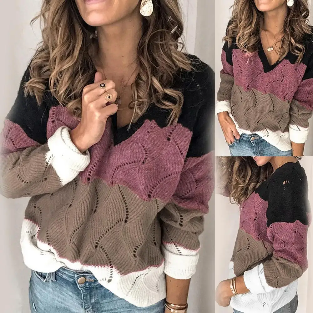

2020 Women Autumn Winter V Neck Long Sleeve Color Block Knitted Sweater Hollow Women's Clothing свитер женский pull femme