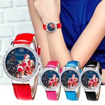 

Santa Claus Rhinestone Faux Leather Band Round Quartz Wrist Watch Christmas Gift
