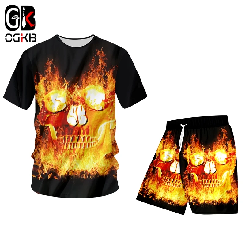 OGKB Men's Sets Cool Fire Skull 3D Print T Shirt And Shorts Set High Quality Streetwear Trendy Summer Sets Oversized Wholesale