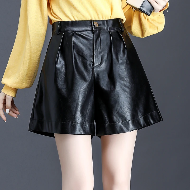 

Winter Fall Fashion Women Wide Leg High Wasited Black Pu Leather Shorts , Autumn Spring Female Womens Fashion 4xl Shorts