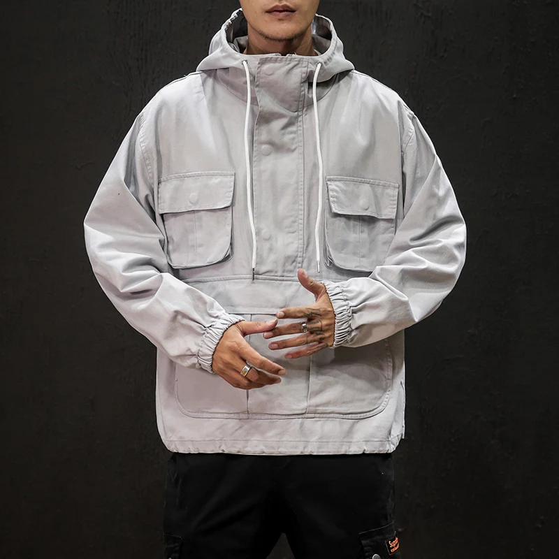 Прямая поставка, осенняя однотонная Повседневная Куртка карго, Мужская Уличная мода, топы с несколькими карманами, спортивная верхняя одежда, Мешковатые пальто - Цвет: Gray(AsianSize)