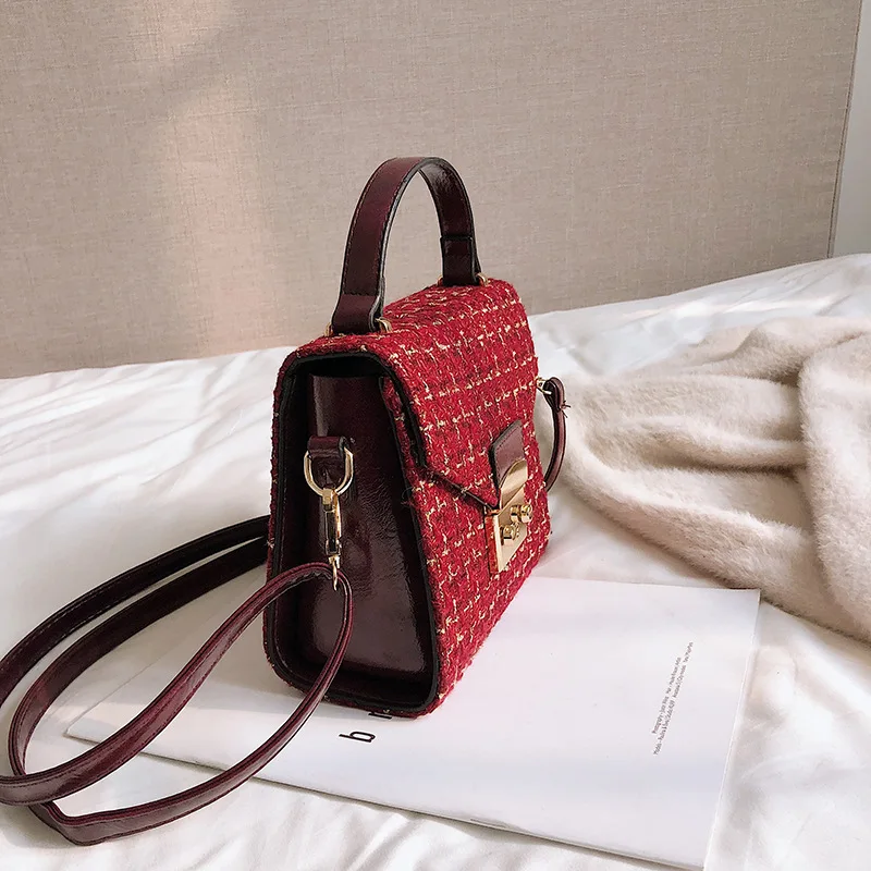 

Woolen Plaid Stereo Stereotypes Square Sling Bag Pig Nose Lock Shoulder Oblique WOMEN'S Bag