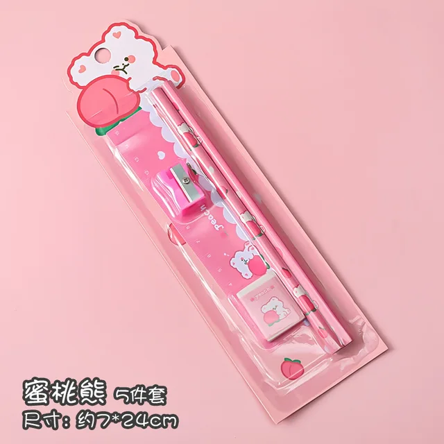5 In 1 Cartoon Pencil Sharpener Set Students Learn Stationery Eraser Ruler Children Drawing Sketch Supplies Kindergarten Gifts Bear